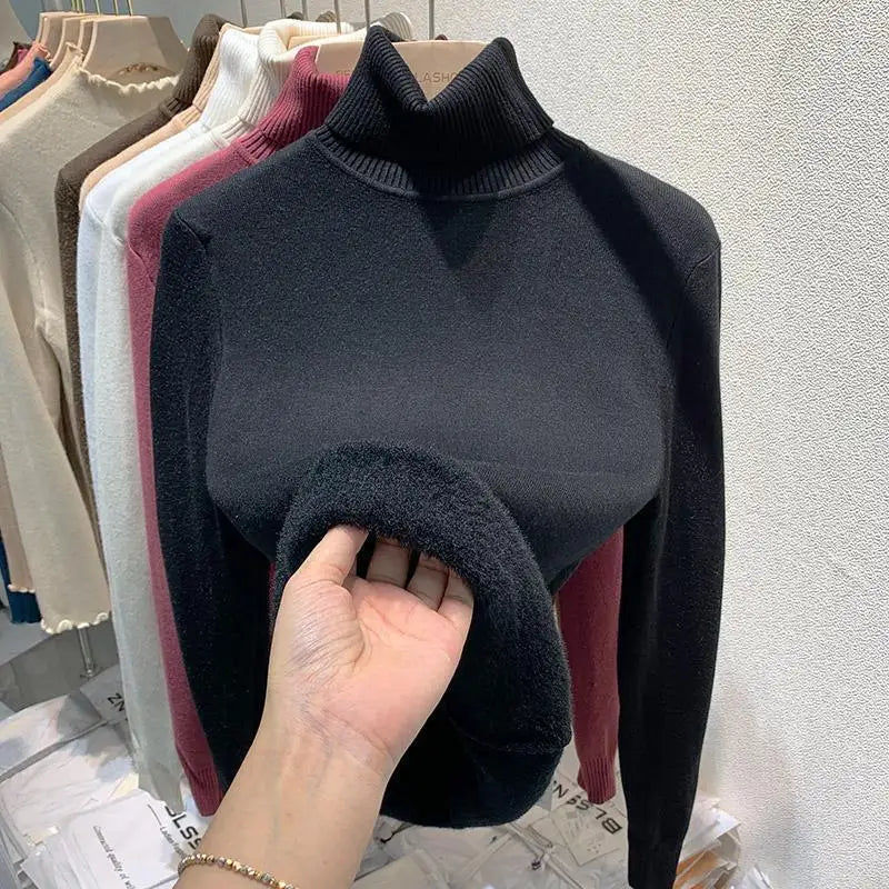 2025 neue Verdicken Hohe Kragen Pullover frauen Pullover Top Winter Warme und Weiche Einfarbig Inneren Tragen Bodenbildung Shirt