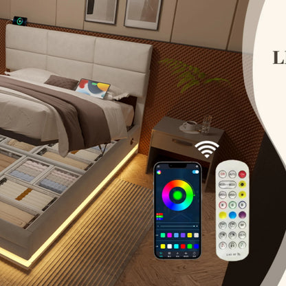160 x 200 cm großes Bett, modernes, höhenverstellbares Kopfteilbett mit großem Stauraum und LED-Umgebungsbeleuchtung, USB/Typ-C-Verbindungen
