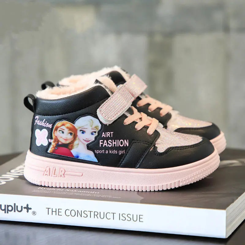 Disney Children Winter Ankle Snow Boots Cartoon Princess Elsa Frozen Pink Casual Shoes For Girls Warm Outdoor Shoes Size 26-37