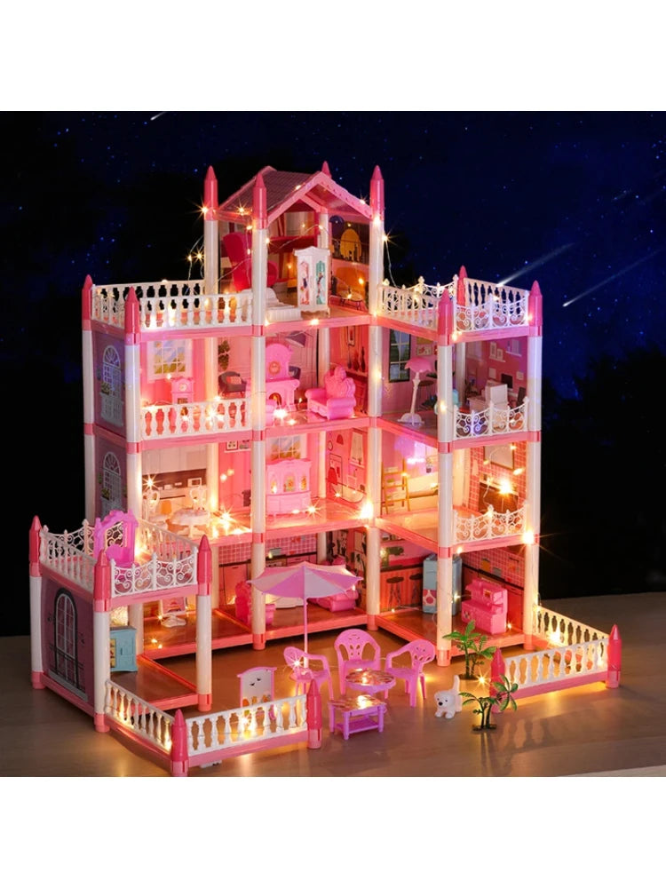 Girls Toddler Doll House - Large Doll House with 4 Dolls, Furniture, Accessories, LED Lights, 4 Stories Princess Dream House Toy.
