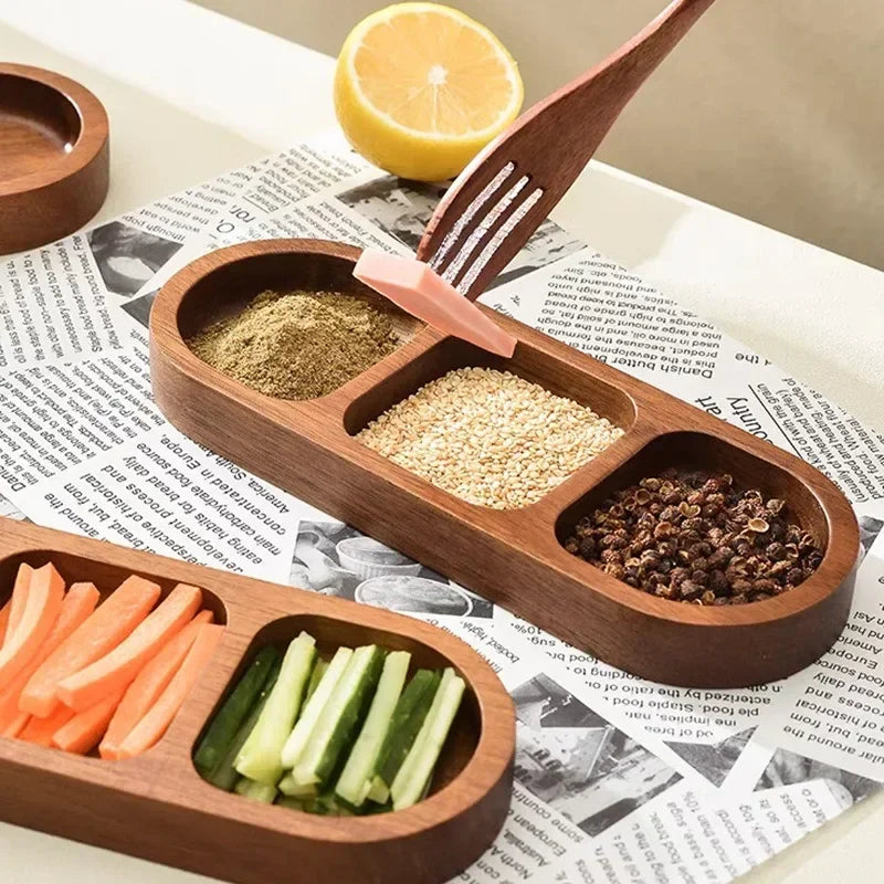 Solid Wood Rectangle Tray 2/3 Grid Condiment Plate Breakfast Sushi Bread Dessert Sauce Plate Kitchen Dinner Seasoning Dish.