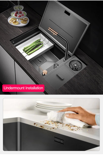 ASRAS Nanometer Hidden Flip Cover kitchen Island Sink 4mm Thickness Handmade Cup Rinser And Trash Can Kitchen Sinks