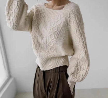 Frauen Square Neck Verdicken Rippe Pullover Laterne Hülse Lose Büro Stricken Pullover Frauen Herbst Winter Casual Feste Warme Pullover.