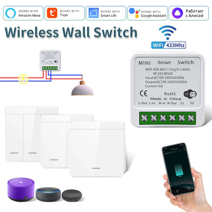 Tuya Smart WiFi Schalter Für LED Beleuchtung 1/2/3 Gang RF433MHz Drahtlose Panel Schalter Smart Leben APP Alexa google Home Voice Control.