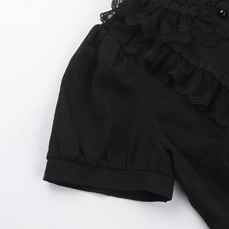 Sweet Lolita Cotton Shirts Women Vintage Gothic Black White Jacquard Short Sleeve Blouses Elegant Office Lady Y2k Tops.