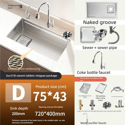 Kitchen Sink 316L Stainless Steel Original Color Large Single Slot Dish Wash Vegetable Basin Multifunctional Undercounter Basin