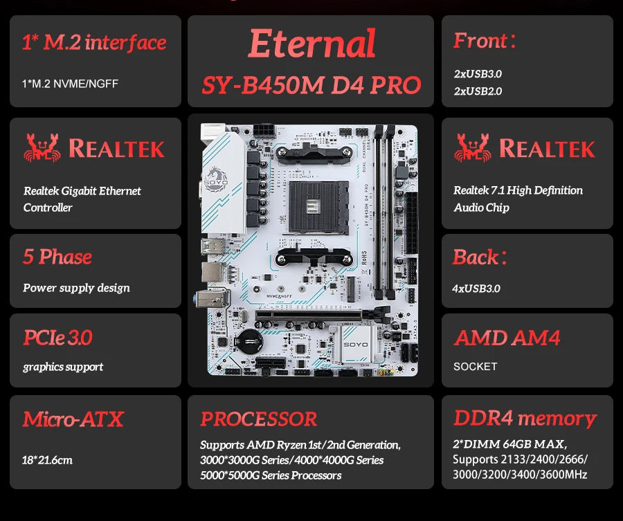 SOYO AMD B450M Game Motherboard DDR4 Memory AM4 Mainboard M.2 NVME Desktop Computer components Supports CPU AMD AM4 Ryzen1-5th.