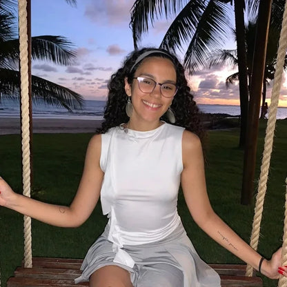 Slim Fit Basic Style Sleeveless round Neck Wrap Single Shoulder Vest Summer Waist Pleated Design Sexy Collarless Tank Top.