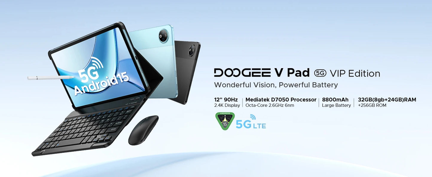 DOOGEE V Pad 2 In 1 5G Tablet 12" Screen Dimensity 7050 Android 15 32GB RAM (8+24) 256GB ROM8800mAh Battery Ultra-thin Smart Pad.