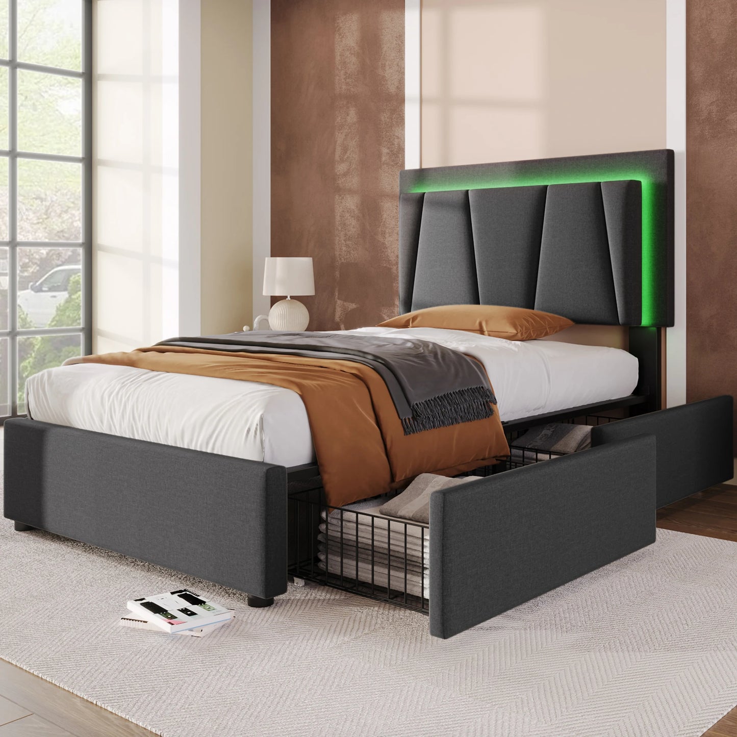 KOMHTOM Polsterbett Einzelbett 90x200 cm, LED-Beleuchtung, 2 Schubladen, höhenverstellbares Kopfteil, ohne Matratze