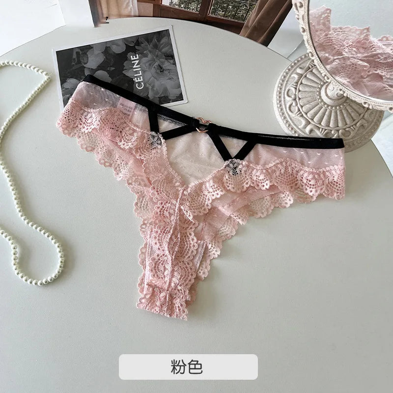SP&CITY Thin Lace Embroidery Sexy Thongs Love Metal Transparent Women's Underwear Soft Cotton Crotch Hollow Out Panties Tanga.