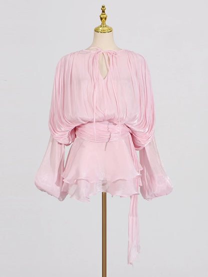 GALCAUR Solide Lose Splicd Lace Up Kleider Für Frauen V-ausschnitt Mit Langen Ärmeln Patchwork Rüschen Tunika Kleider Weibliche Mode Neue