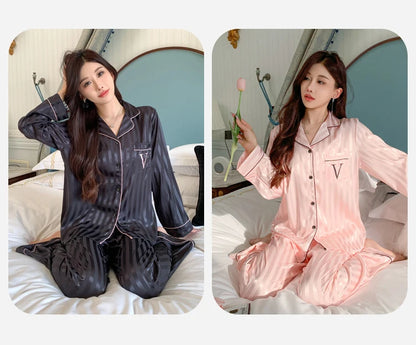 Women's Ice Silk Pajama Set Long Sleeve Long Pants Lightweight Sleepwear for Spring And Autumn Comfortable Homewear Pj Set.