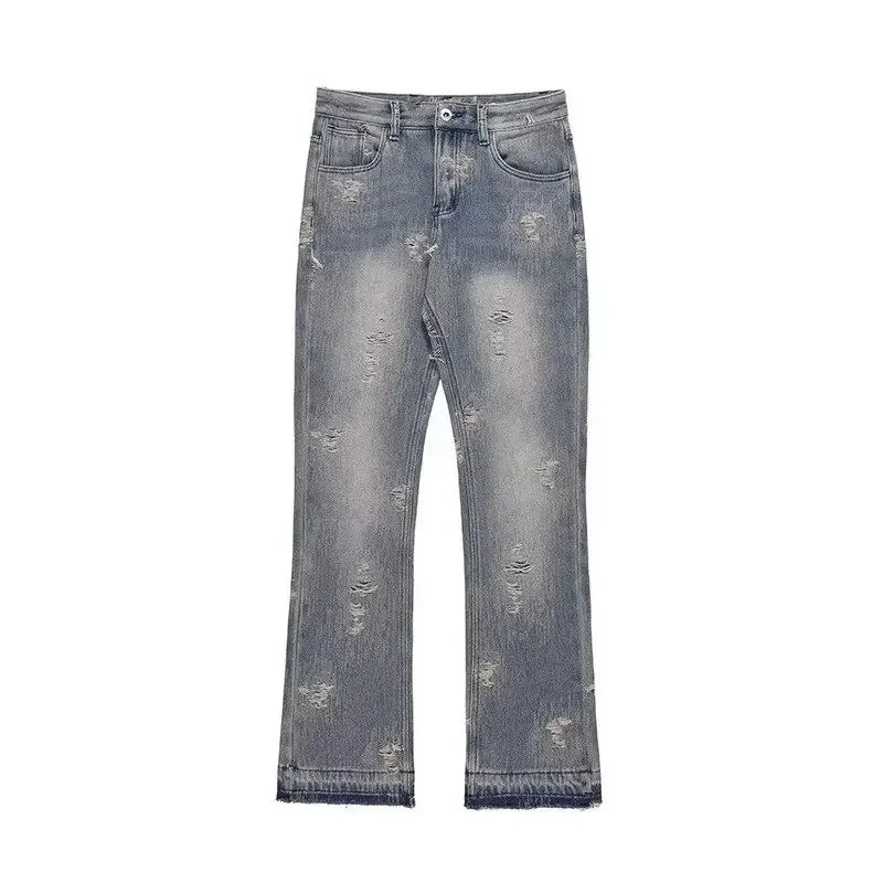 Loose Men's Straight Leg Jeans Casual High Street American Style Torn Frayed Hem Wide Leg Pants Trendy Casual Denim Trousers.