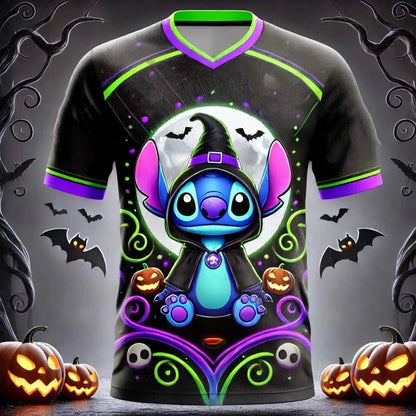 Disney Women's Men's Sports Jersey Halloween Stitch Print Short Sleeve Summer Graphic Tee Children Cartoon Size Sport T-Shirt.