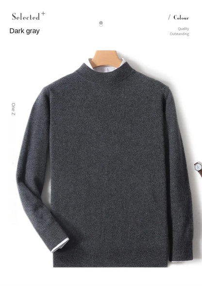 100% Pure Merino Wool Men's Semi High Neck Pullover Solid Color Plus Size Casual Sweater Autumn And Winter Sports Cashmere Top