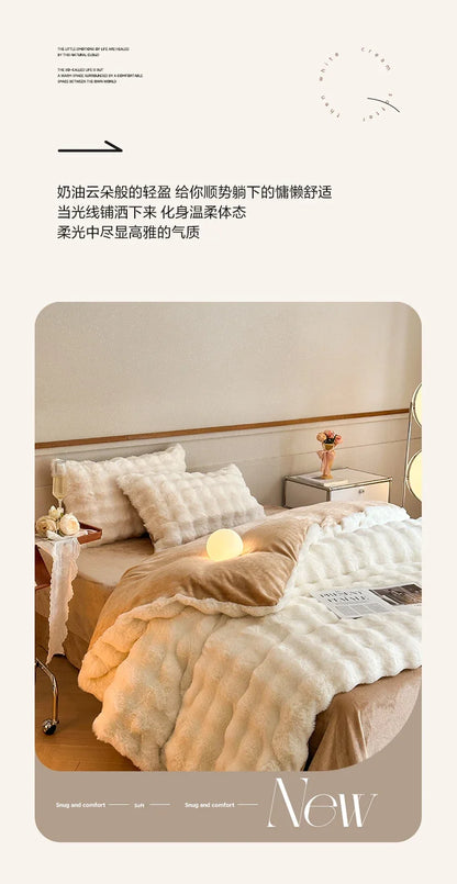 2024 new solid color colorful rabbit wool four-piece set, one side of rabbit fur and one side of milk wool thickened warm.