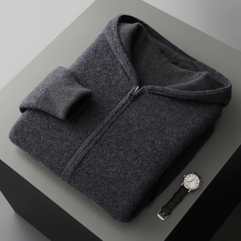 Autumn Winter Pure Cashmere Sweater Double-sided Cardigan Men's Casual Zipper Thickened Cashmere Knitted Hooded Sweater Coat