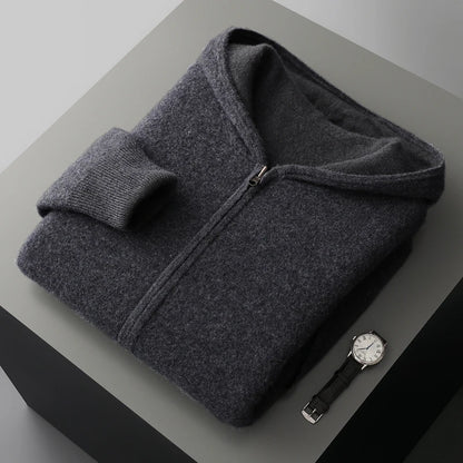 Autumn Winter Pure Cashmere Sweater Double-sided Cardigan Men's Casual Zipper Thickened Cashmere Knitted Hooded Sweater Coat