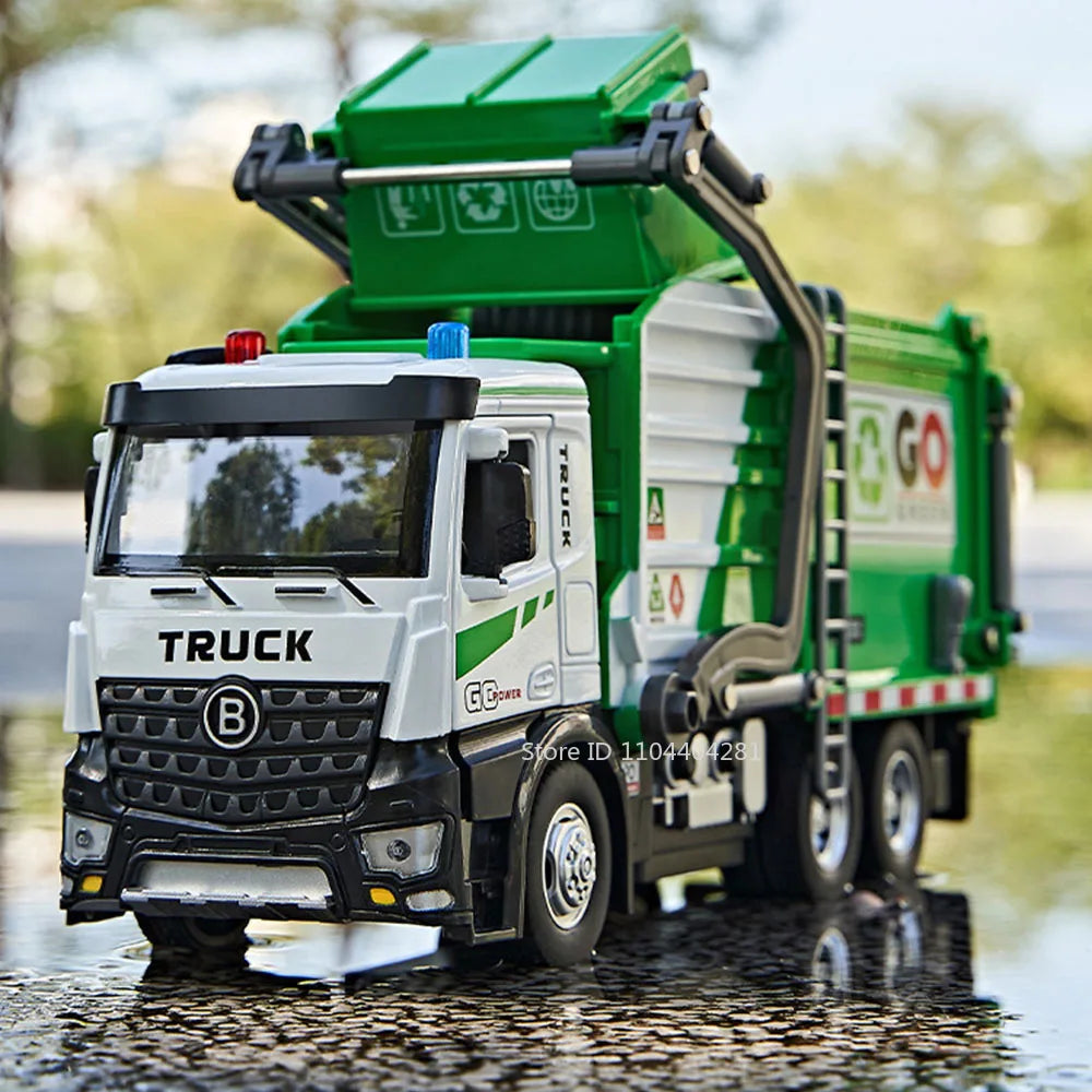1:18 Electric Sanitation Garbage Truck Toy Cars Model Alloy Water Tanker Diecast Light Sound Vehicle Children's Educational Toys.