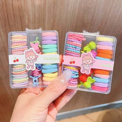 New Cute Box Set Children's New High Elasticity Elastic Band Candy Color Hair Tie Clip Hair Clip Rope Princess Accessories.