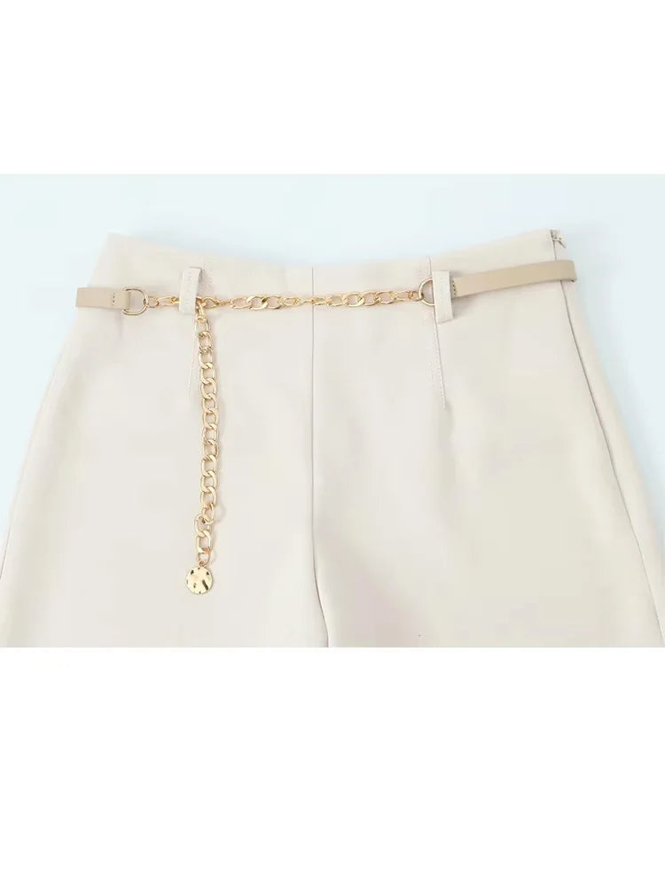 HH Women Solid Pant Set Long Sleeve O-Neck Double-Breasted Blazers+High Waist Chain Matching Side Zipper Trousers Sets.