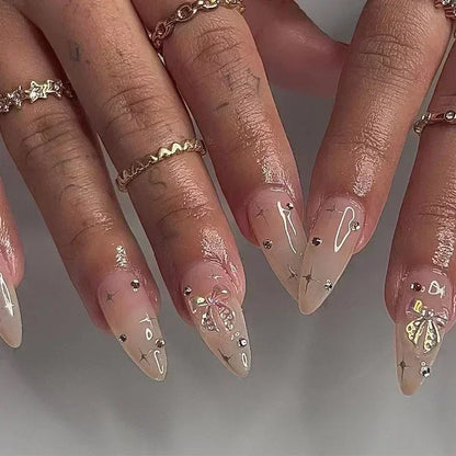 White Glitter Powder Bowknot Long Pointed Fake Nails Art Ballet False Nail Cow Print Pearl Rhinestone Pink Almond Press on Nails