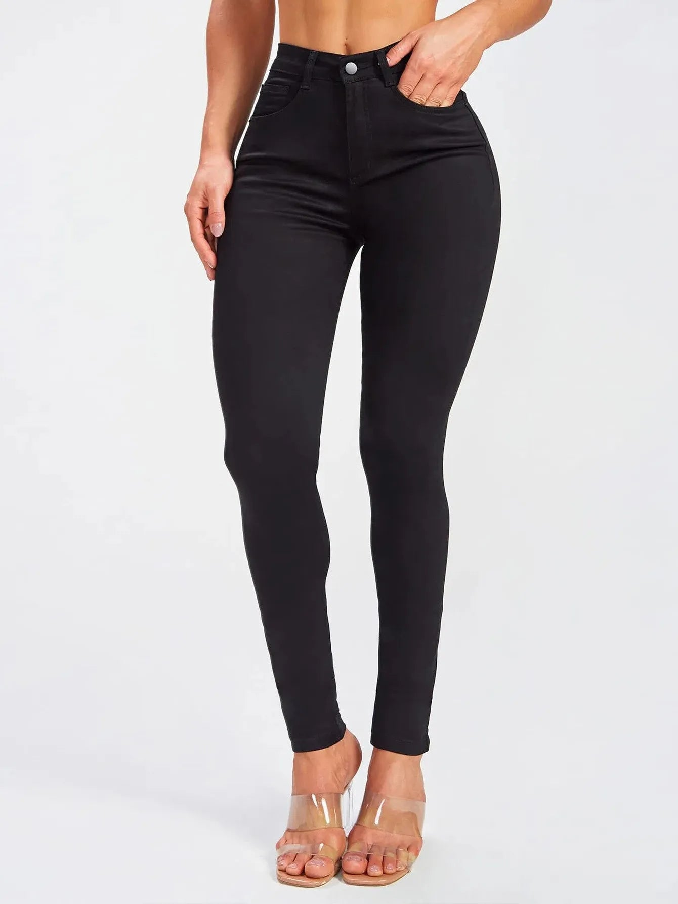 Women's Mid-Waist Slim Fit Black Denim Pants Elastic Casual Style Comfortable Cotton Long Trousers Versatile All-Season Jeans.