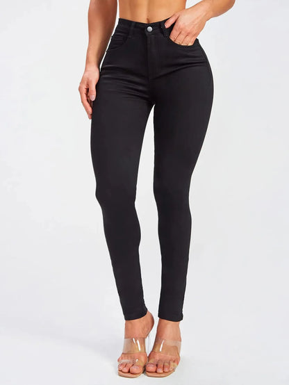 Women's Mid-Waist Slim Fit Black Denim Pants Elastic Casual Style Comfortable Cotton Long Trousers Versatile All-Season Jeans.