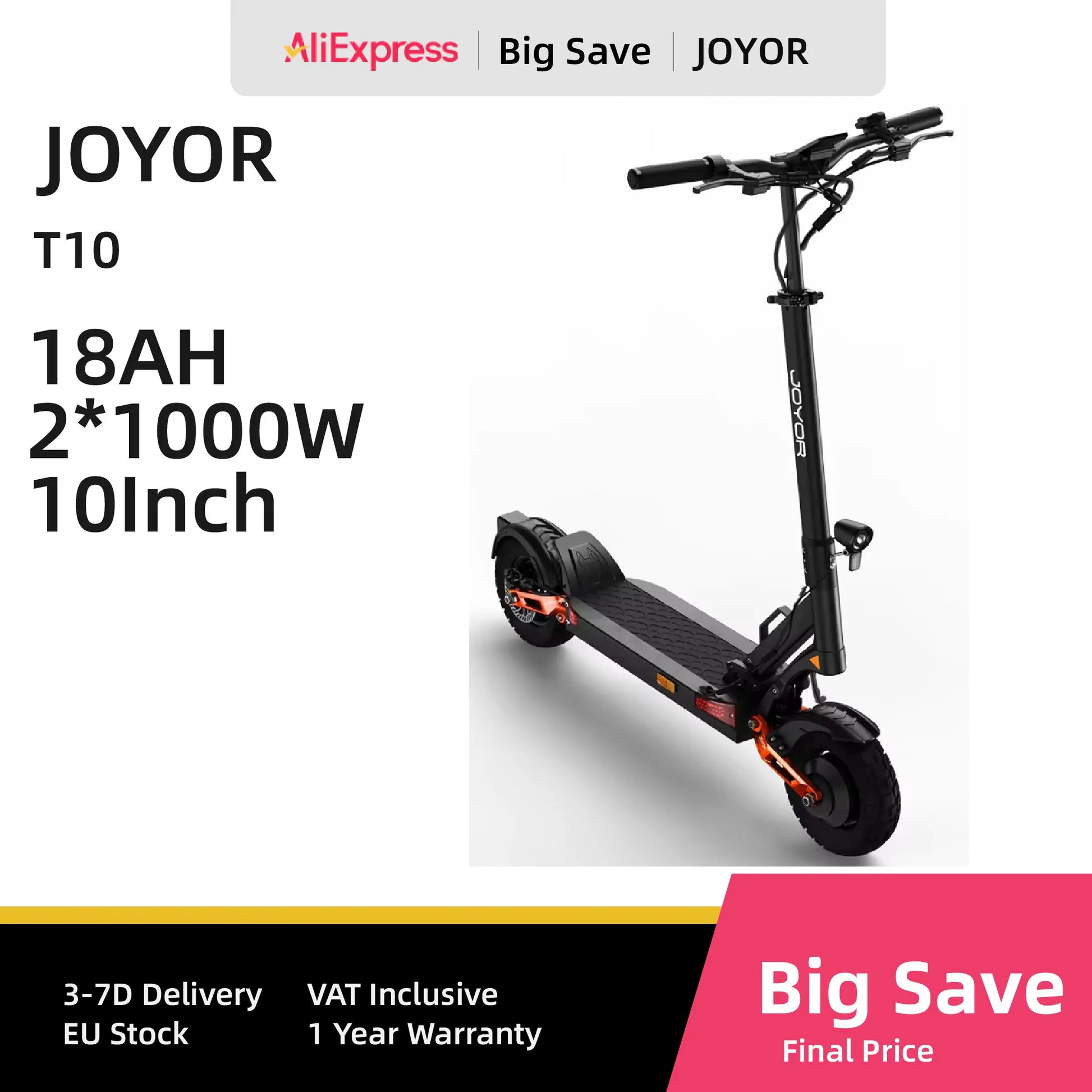 JOYOR T10 Adult Electric Scooter 1000W*2 Motor 60V18AH Battery Off-Road Escooter 10" Off-Road Tire Foldable E-Scooter.