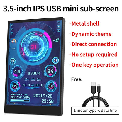 3.5 / 5 Inch IPS Type-C Secondary Screen Mini Computer USB Display CPU GPU RAM HDD Monitor with Holder Metal Case No Use AIDA64.