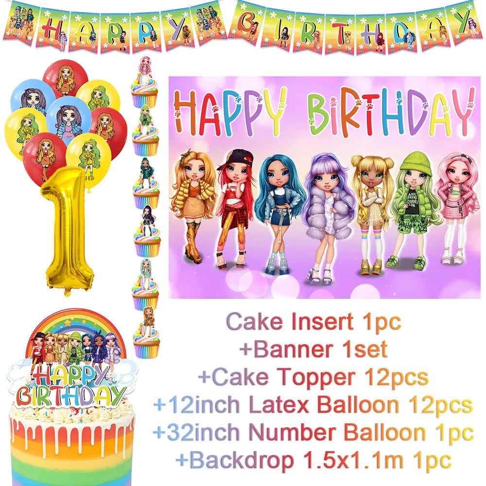 Cartoon Regenbogen Puppe High School Thema Hintergrund Geburtstag Party Dekoration Lieferungen Einweg Tasse Besteck Ballon Baby Geschenk