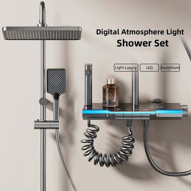 Space aluminum digital display atmosphere light shower shower set, 4-speed turbocharged bathroom shower