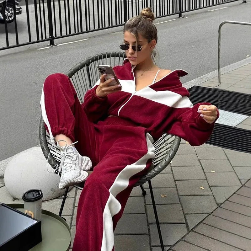 Women's Ready Zip Front Set Street Style Lightweight Hoodie & Pants Two Piece Sports Casual Fashion Loose Outdoor Outfit.