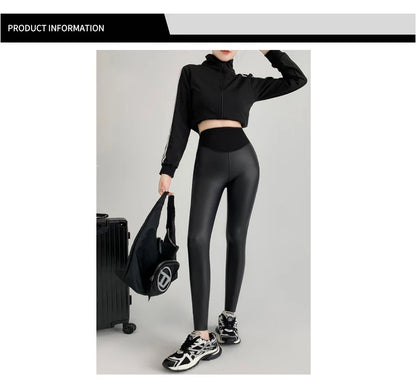 BIVIGAOS Herbst Neue Enge Stretch Leder Hosen Frauen Sharkskin Hohe Taille Spleißen PU Leder Fleece Sexy Leggings Winter Warm.