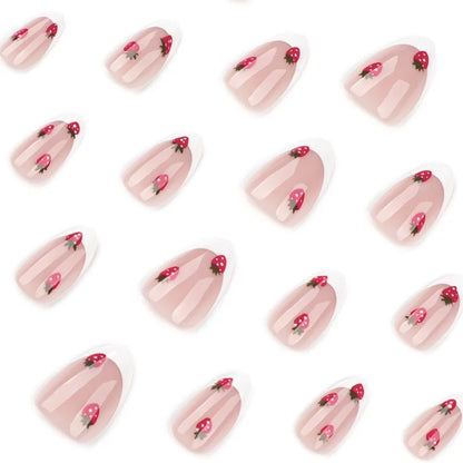 24 Pcs French White Press on Nails Cute Short Almond Self-nail Strawberry Decorations for Nail Tips False Nails with Sticky Tabs.