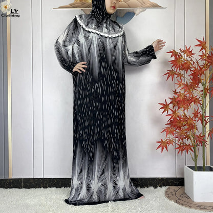 Muslim Ramadan Prayer For Women Long Sleeved Floral 2023Dubai Turkey Middle East Femme Loose Robe African Abayas Headscarf Dress
