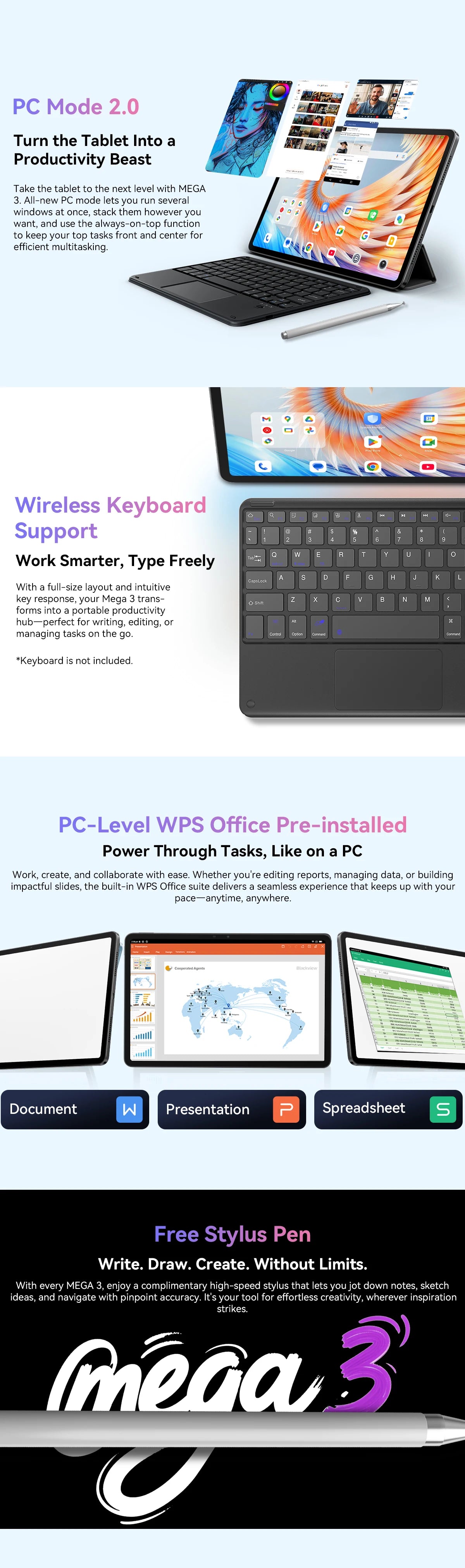 Blackview MEGA 3 Tablet PC  SET, 12.1" 2.5K FHD+ Display, Android 15 Pad MTK G100 Octa core, 36(12+24)GB RAM, 256GB ROM, 8800mAh