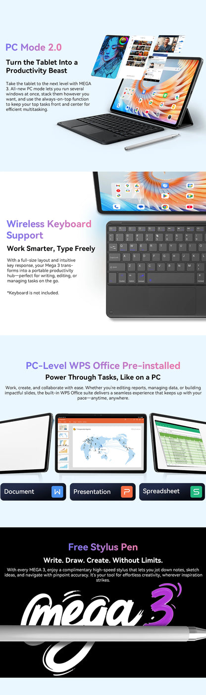 Blackview MEGA 3 Tablet PC  SET, 12.1" 2.5K FHD+ Display, Android 15 Pad MTK G100 Octa core, 36(12+24)GB RAM, 256GB ROM, 8800mAh