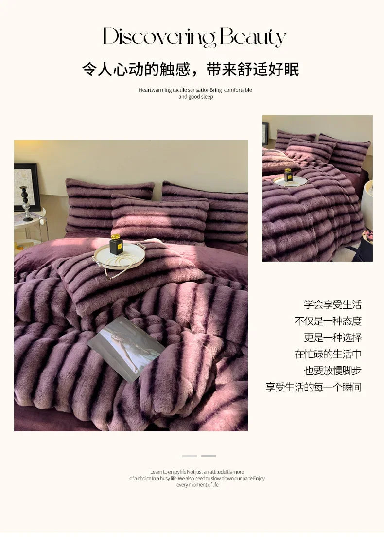 2024 new rabbit velvet milk velvet thickened rabbit fur warm four-piece set, 1.5m 1.8m bed sheet four-piece set.
