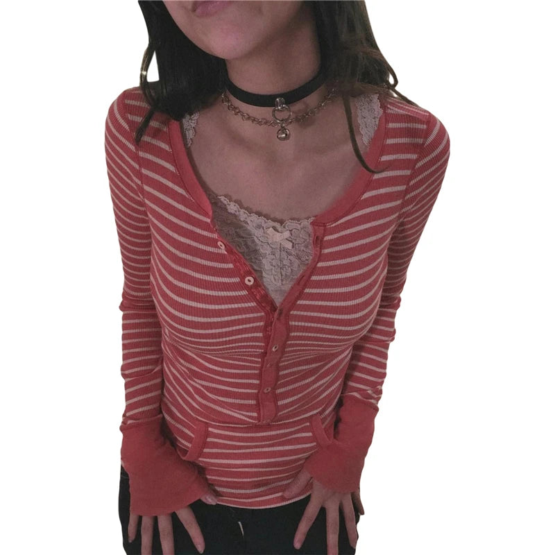 Y2K Grunge Emo 00s Vintage T Shirt Black Grey Striped V Neck Long Sleeve Jumper Tops Chic Women Autumn Retro Mall Goth Tees.