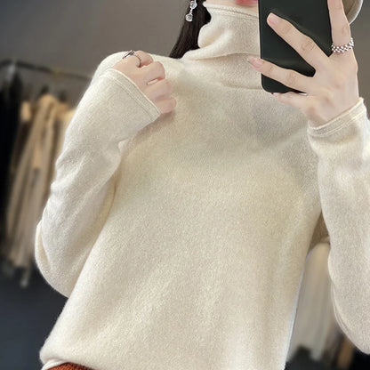 2025 100% Merino Wool Sweater Elegant Cashmere Pullover Women Pile Collar Long Sleeve Knitwear Basic Clothing  Jumper Tops