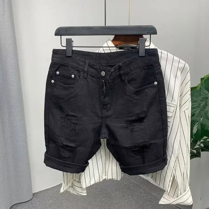 New Men's Denim Shorts Trendy Solid Color Ripped Slim Fit High Waist Elastic Waist Breathable Quick Dry Cotton Pants.