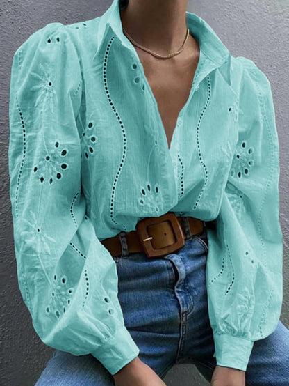 2025 Autumn New Solid Shirt Casual Loose Fashion Hollow Puff Sleeve Cardigan Tops For Women Office Black Hollow out Blouses