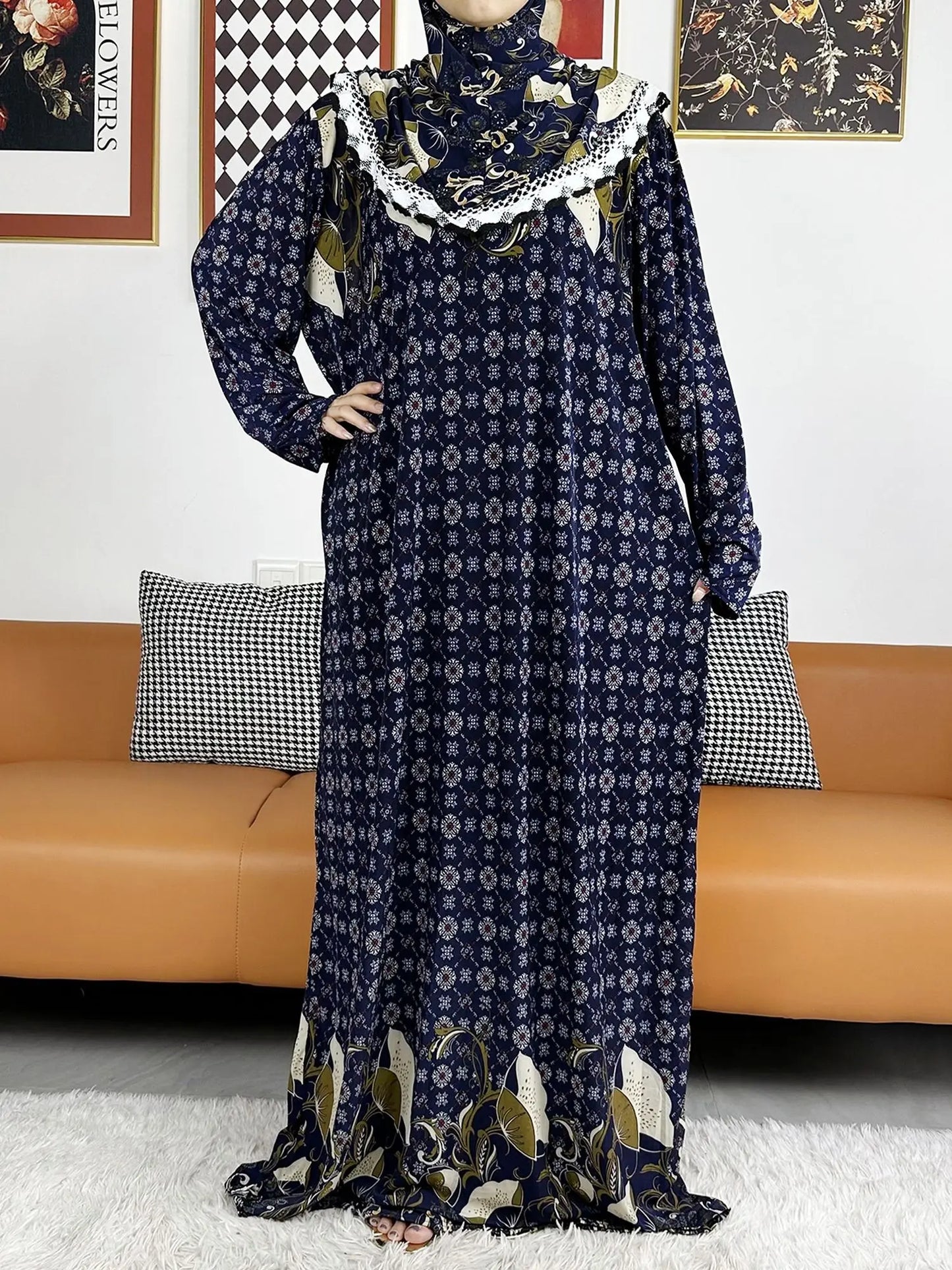 2023 Muslim Solid Cotton Abaya For Women Ramadan Prayer Garment Joint Hat Dubai Turkey Middle East Femme Robe Floral Loose Dress.