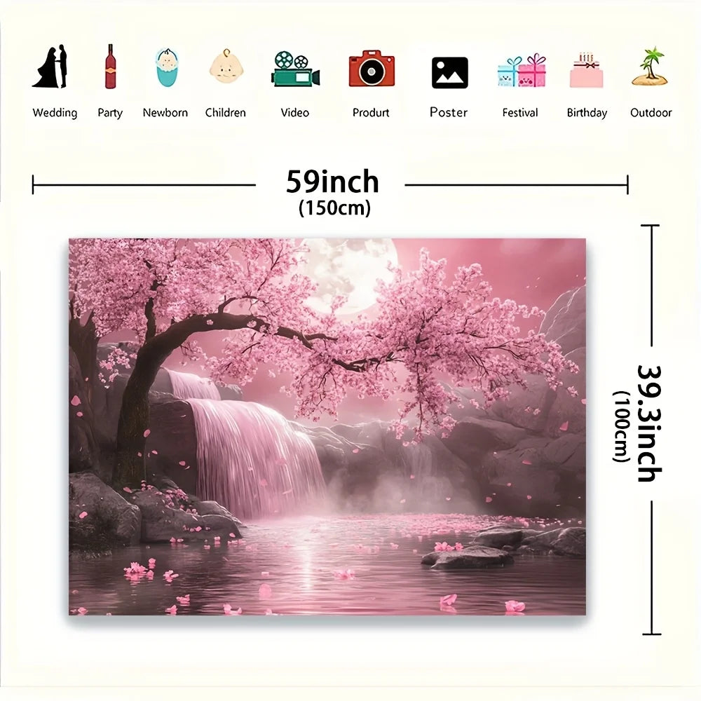1pc Cherry Blossom Backdrop with Pink Sakura Tree & Waterfall Scene - Vibrant Polyester Fabric Wall Art for Living Room, Outdoor.