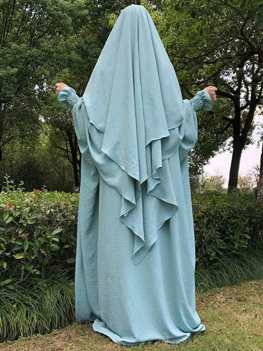 Jilbab Prayer Clothes Women Ramadan Islamic Jilbeb 2 Piece Set Dubai Turkish Modest Outfit Layered Khimar Scarf Hijab+Long Dress.