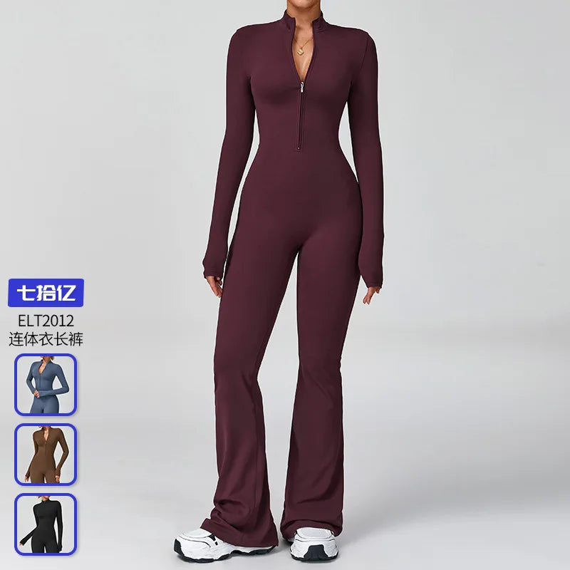 Women's One-piece Yoga Jumpsuit Long Sleeve Zipper Slim Fit Sports Outfit Flare Tights Quick-drying Hip Lift Gym Fitness Clothes.