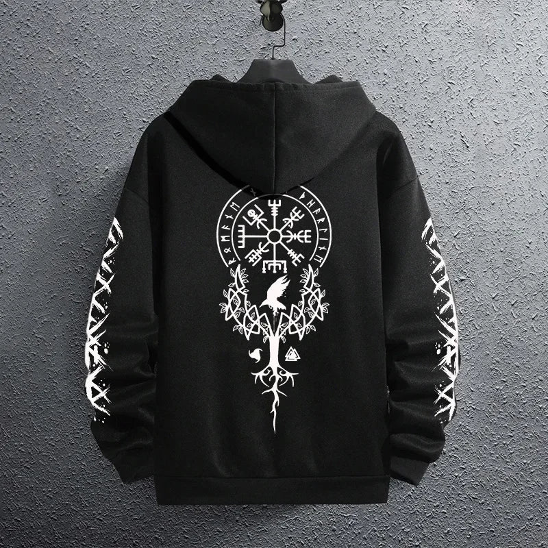 2025 Brand New Black Sweatshirts Autumn Winter Male Daily Casual Sporty Jogging Hoodie Men's Ancient Viking Raven Print Pullover