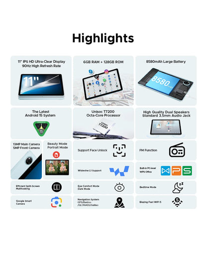 Doogee Tab A9 Pro+ Tablet Pc 11-Inch Android 15 30Gb Ram(6+24) 128Gb Rom 8580Mah Battery Widevine L1 Support Tablet Dual Speakers.